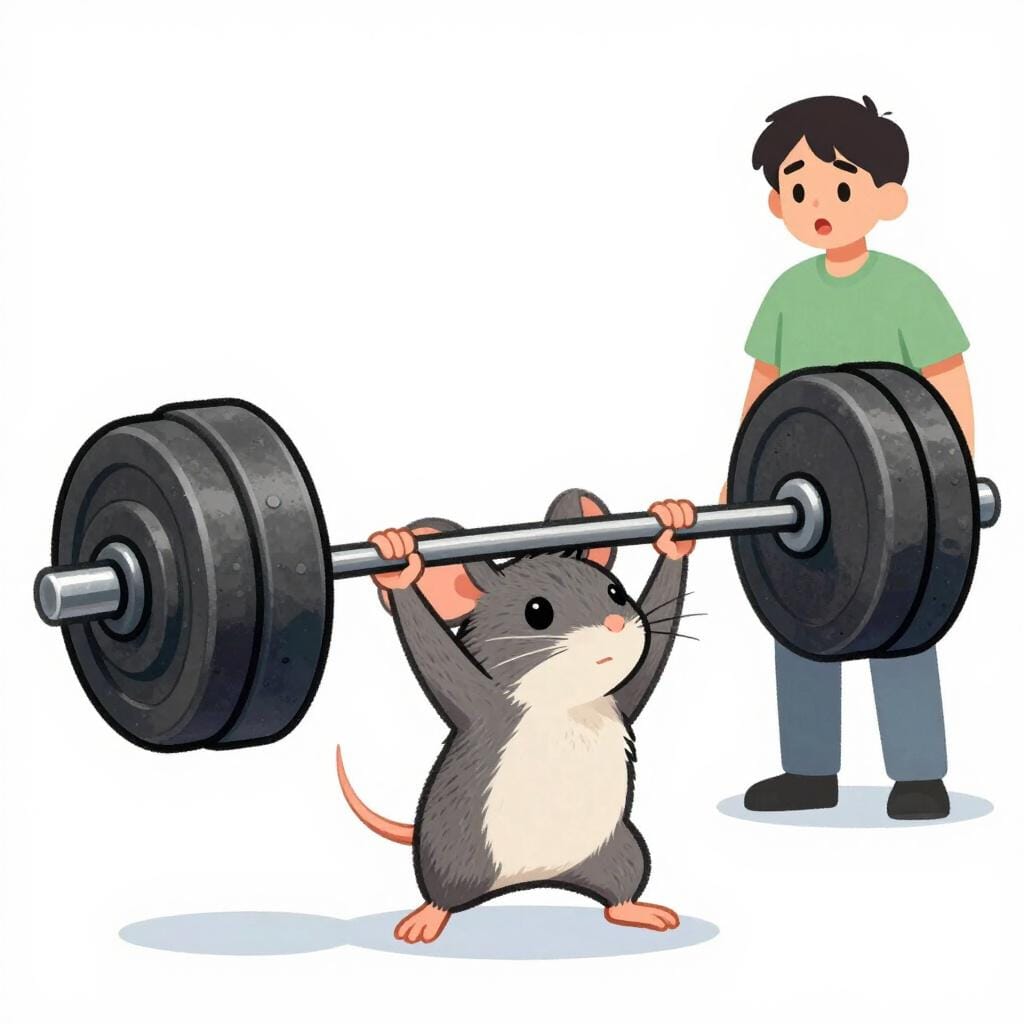 A tiny mouse easily lifting a massive weight while a person looks on in surprise.