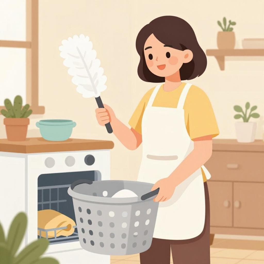 Een vrouw in een schone schort met een plumeau en een mand met wasgoed in een gezellige woonkamer.