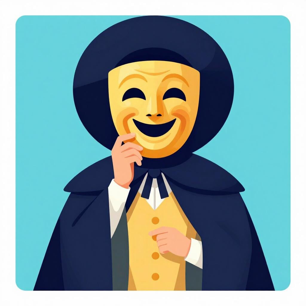 Een acteur die een theatrale masker en een kleurrijk kostuum aantrekt.