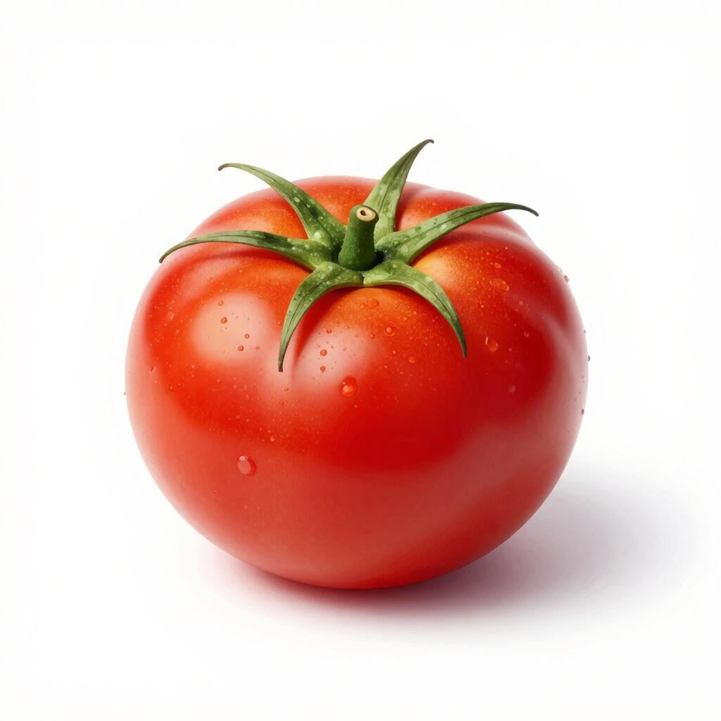 A fresh red tomato on a clean white surface.