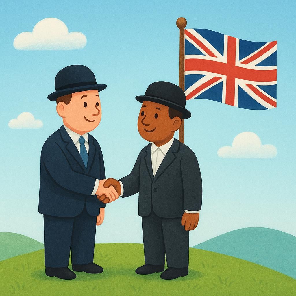 Two friendly men wearing simple suits and bowler hats shaking hands next to a flagpole displaying the Union Jack flag.