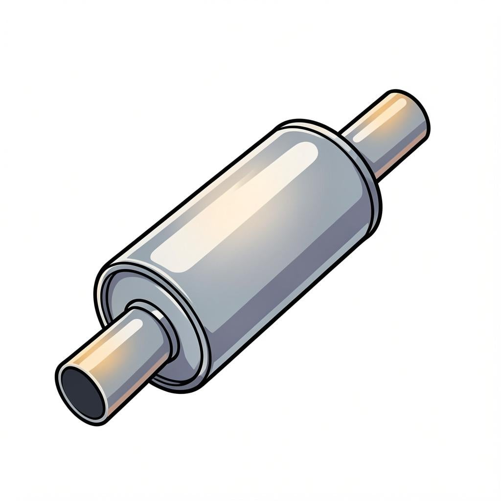 A shiny metallic car muffler shown clearly against a simple background.
