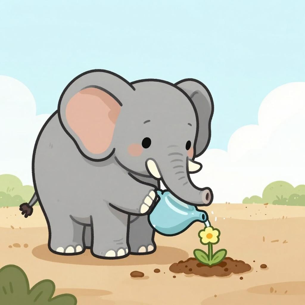 A gentle elephant character focused on watering a tiny, wilting flower with water from its trunk, symbolizing moral duty and responsibility.