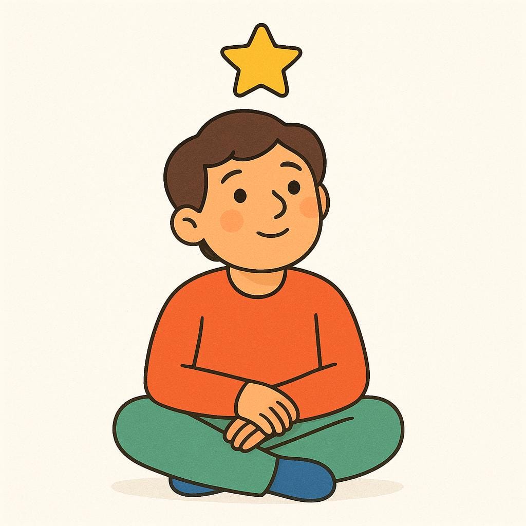瞑想している人の頭上に明るい黄色の星の形が浮かんでおり、考えが浮かぶことを表しています。