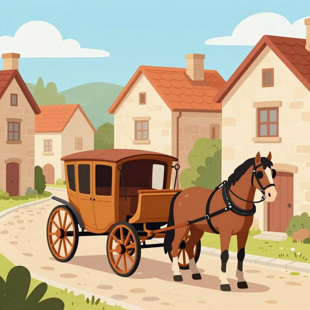 Uma carruagem de madeira puxada por cavalos numa rua de paralelepípedos numa aldeia com casas de pedra.