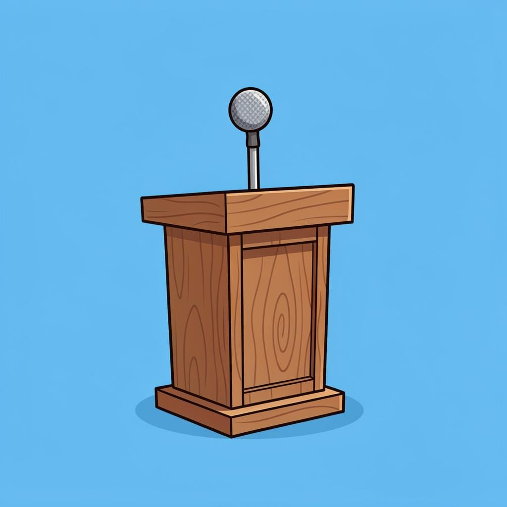 A formal podium with a microphone on a blue background.