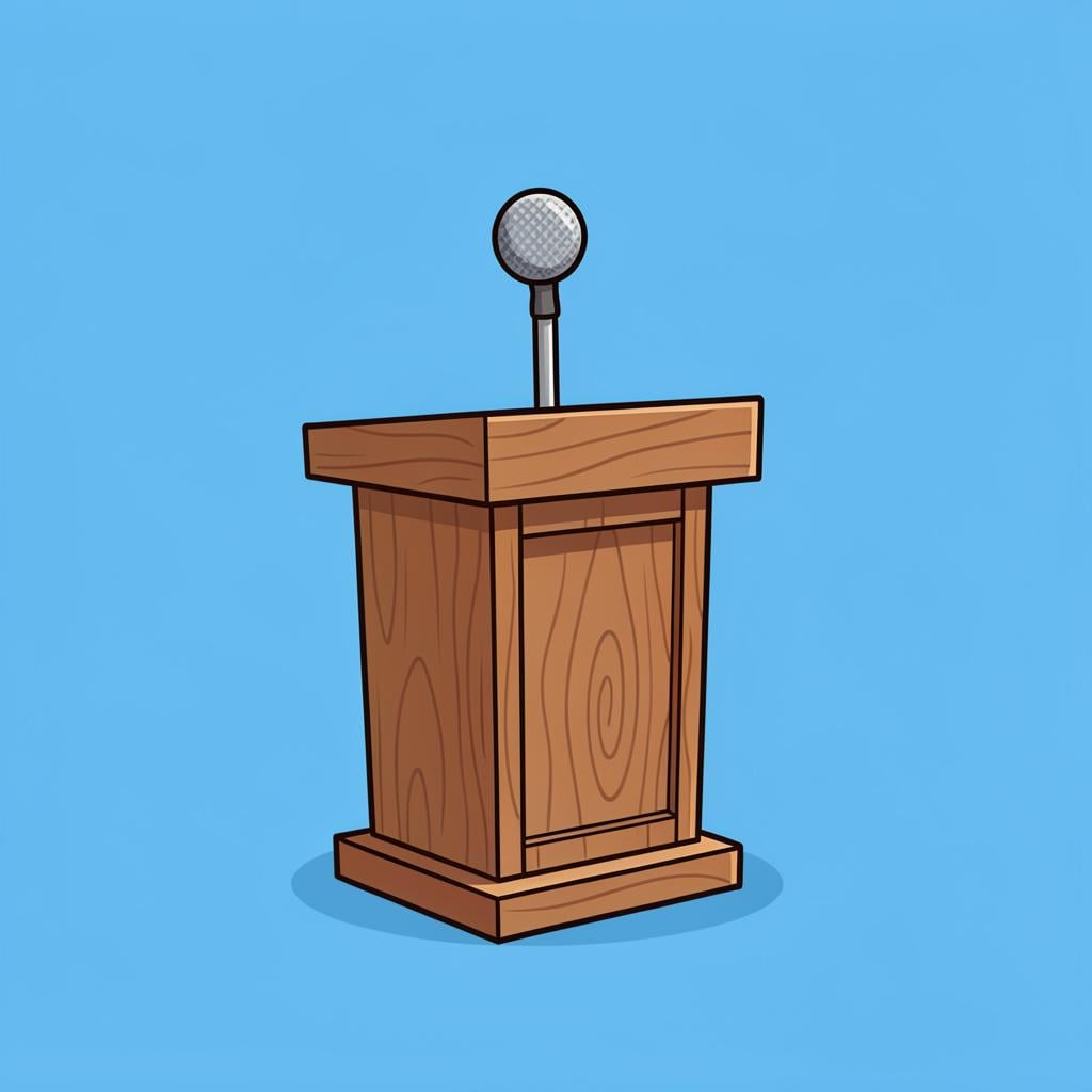 A formal podium with a microphone on a blue background.