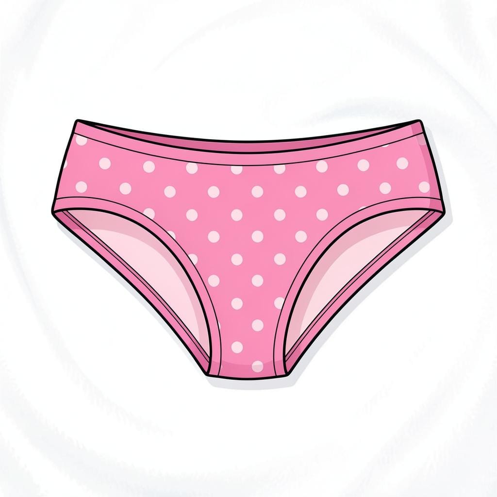 Ein einzelnes Paar rosa gepunkteter Damenunterwäsche, das auf einer sauberen, weichen Oberfläche liegt.