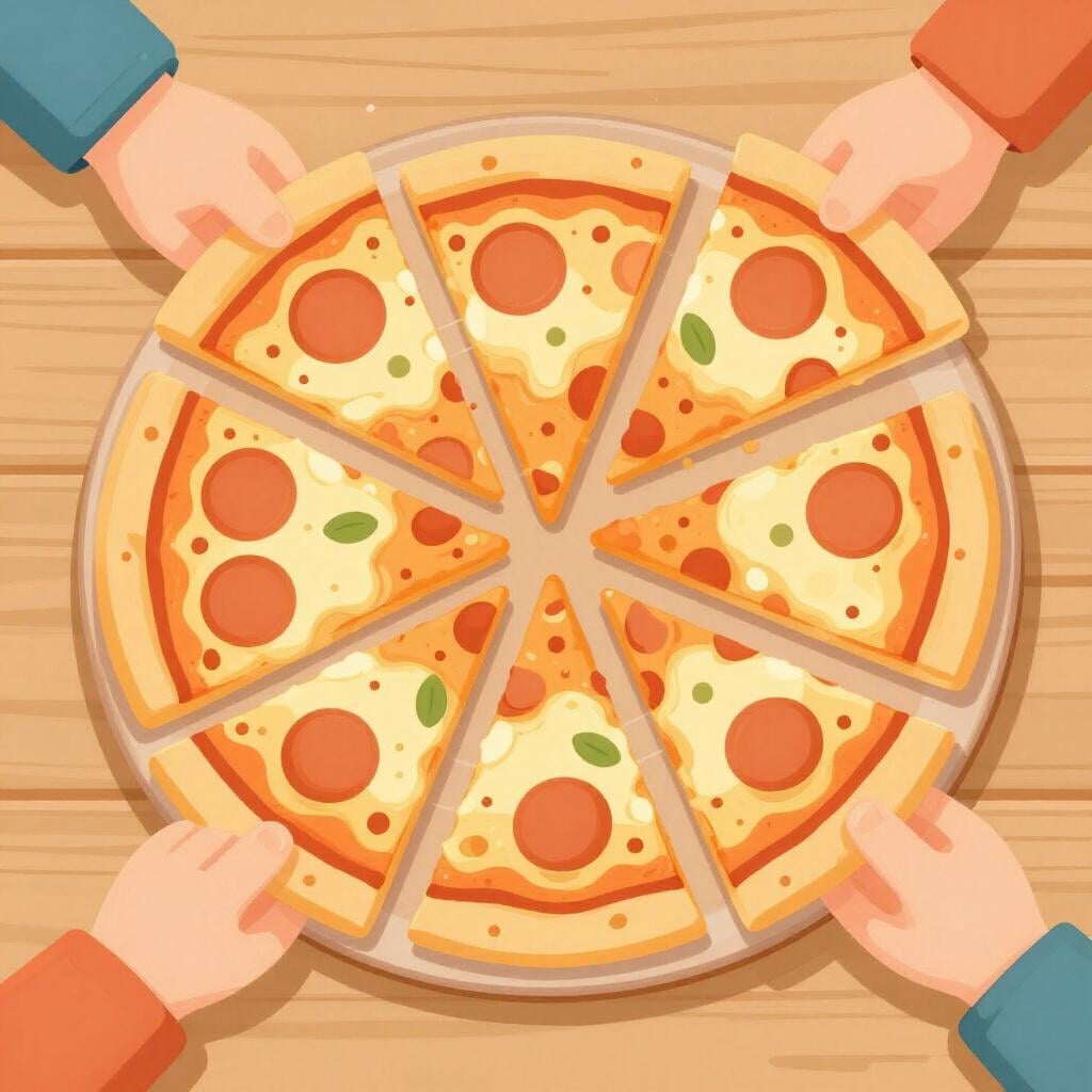 A large pizza on a table with several slices missing and different hands reaching in to take a piece.