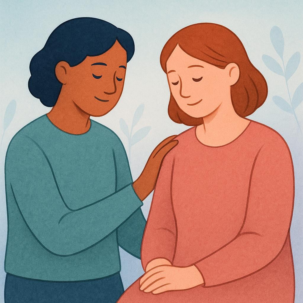 A stylized illustration showing two friendly figures standing close together. One figure is gently placing a hand on the other's shoulder, symbolizing a gesture of forgiveness and reconciliation.