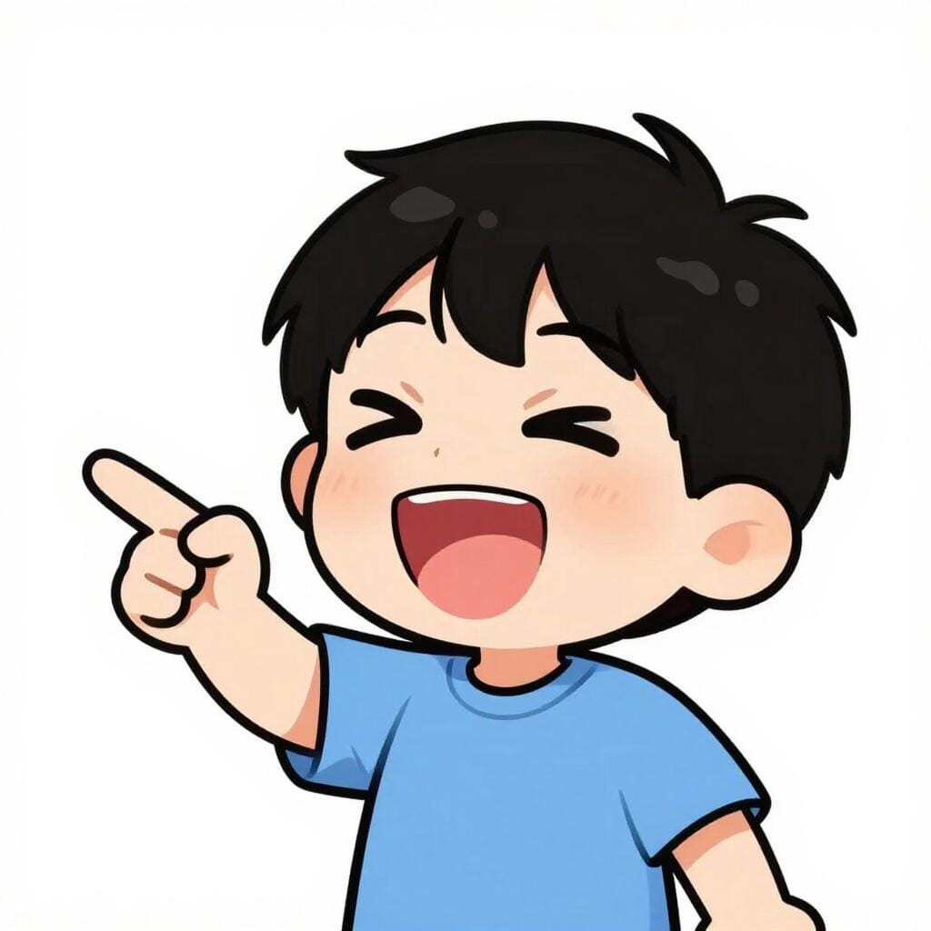 A character with a playful, mischievous expression pointing and laughing lightheartedly.