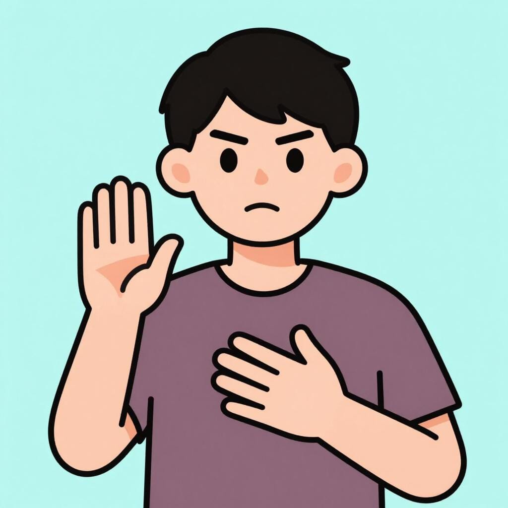 A person with a determined expression raising their hand as if making a solemn promise.