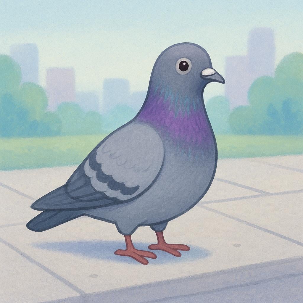 A grey and purple pigeon standing on a stone pavement.