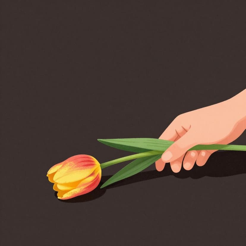 Uma única flor murcha caindo da mão de uma pessoa sobre uma superfície escura.