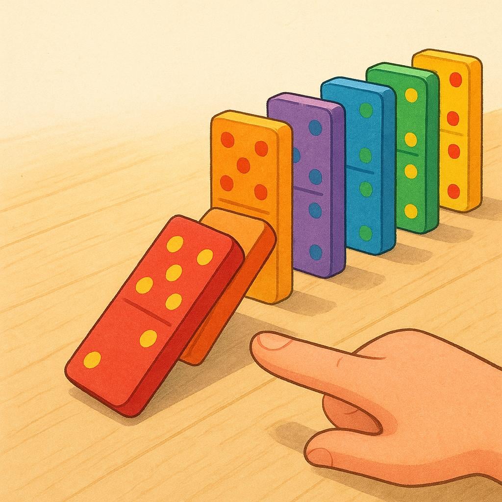 A row of colorful dominoes falling over after the first one is pushed.