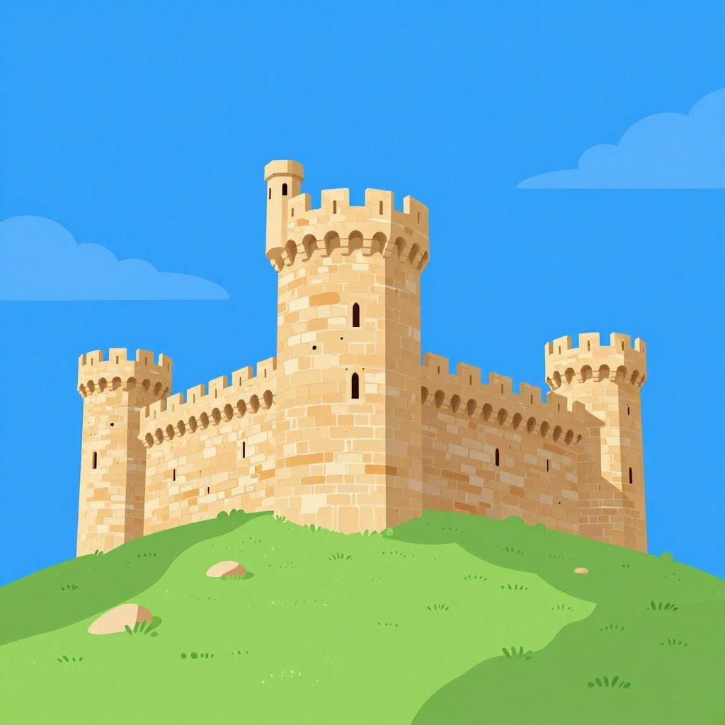 Une illustration colorée de livre d'histoires d'un château de pierre historique sur une colline dans la région espagnole d'Aragon.