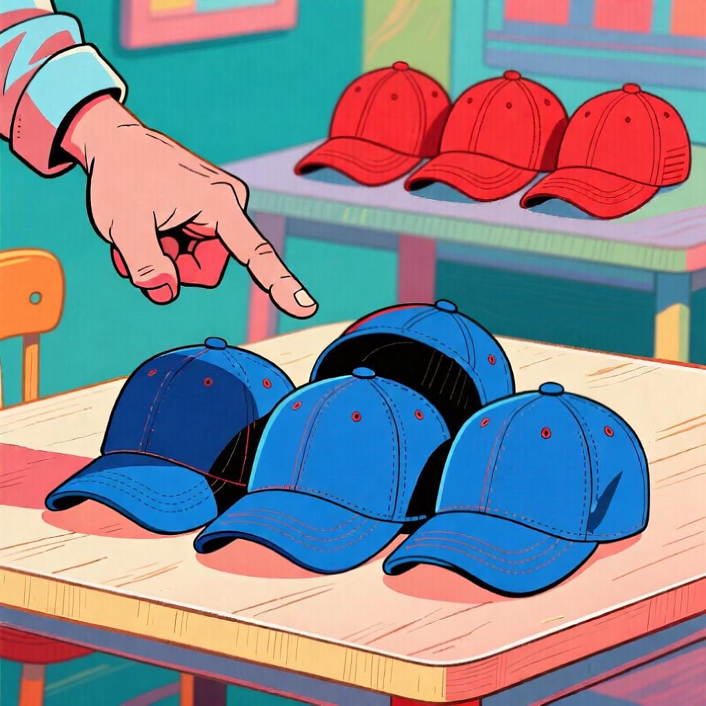 Un primo piano di una mano che indica enfaticamente un gruppo di tre cappellini da baseball blu identici posati su un tavolo vicino all'osservatore, mettendoli in contrasto con un gruppo di cappellini rossi sullo sfondo.