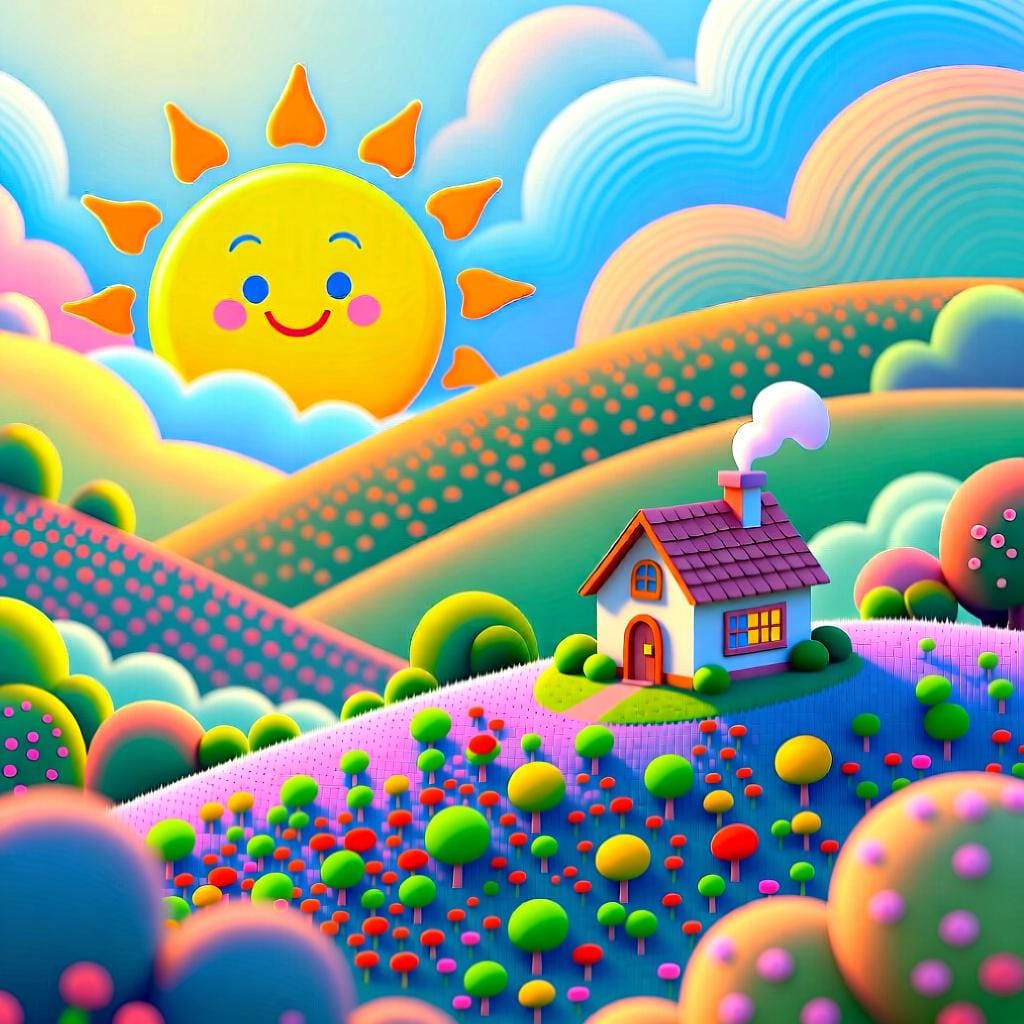 A bright, friendly sun rising over green hills, symbolizing the start of a new day and the morning.