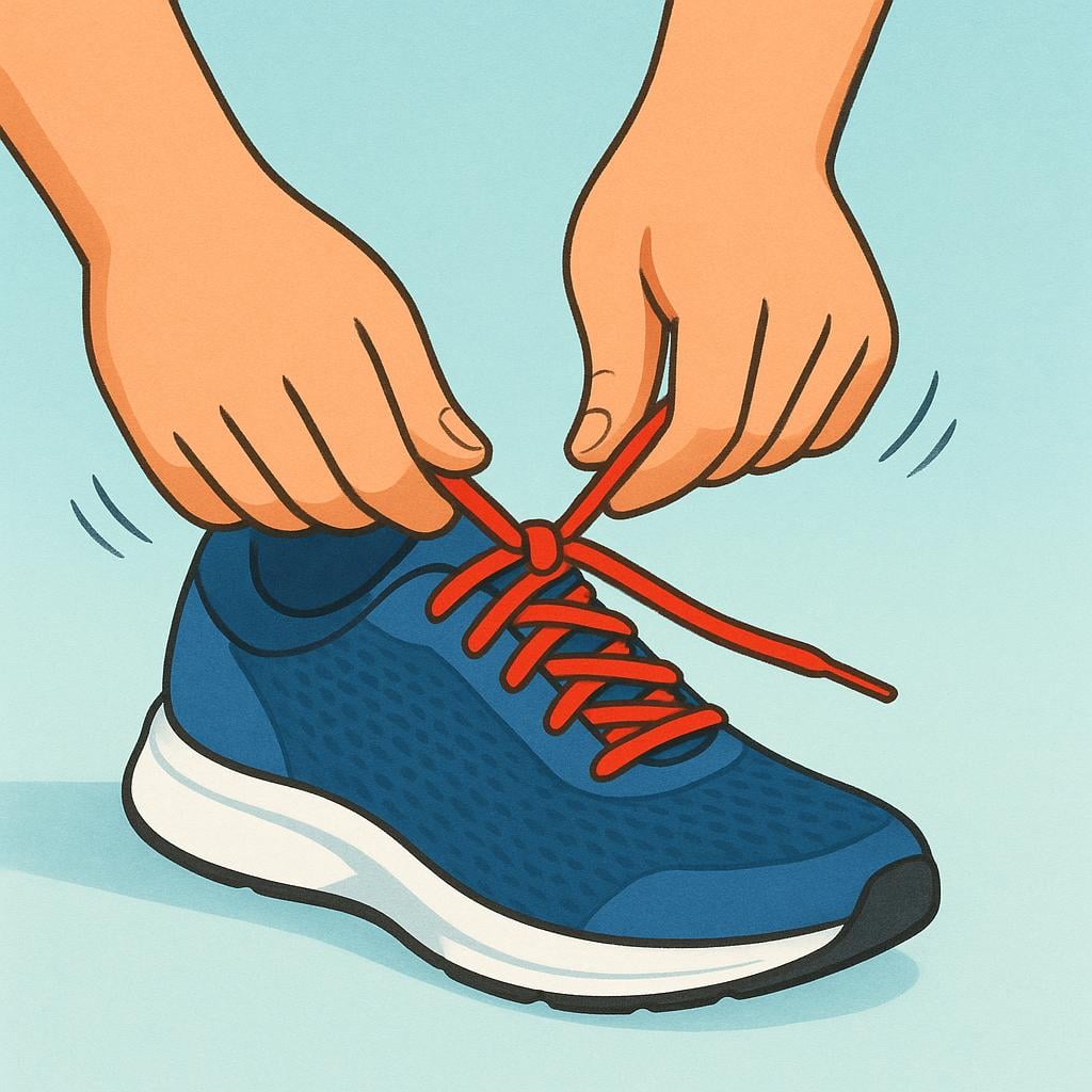 A close-up view of hands urgently tying bright red shoelaces on a running shoe, indicating immediate readiness for action.