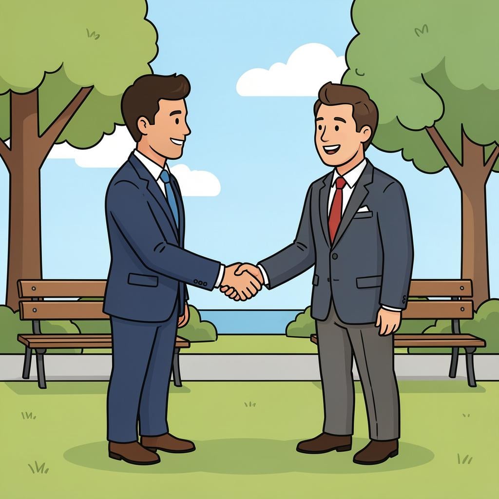 Two people shaking hands firmly in front of a simple courthouse building.