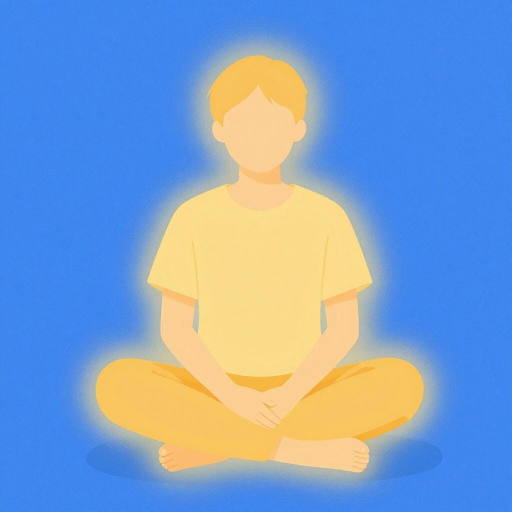 Eine Person in meditativer Haltung, umgeben von einem sanften, goldenen Lichtschein.