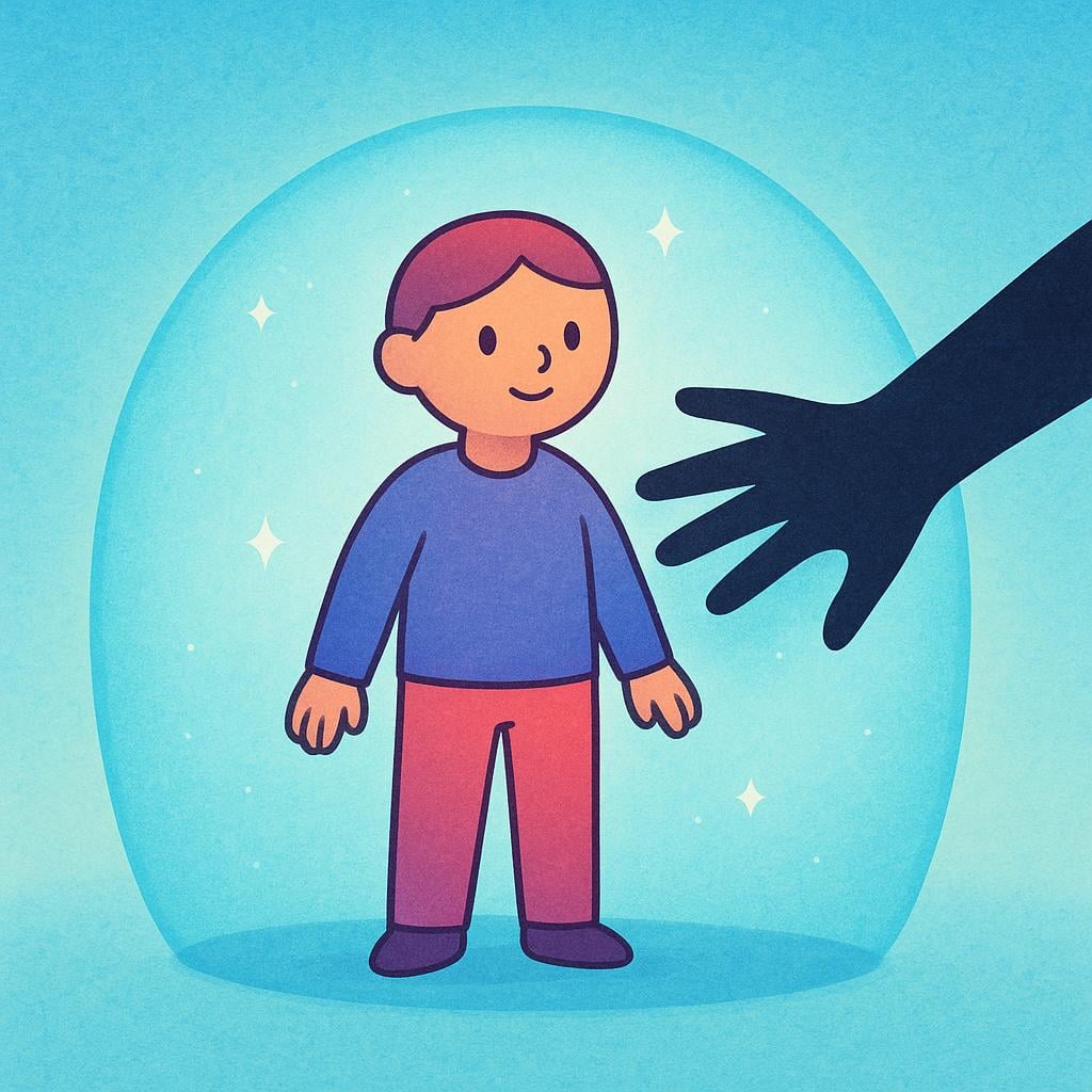A stylized figure is surrounded by a faint protective blue aura, which is being pierced by the silhouette of an intrusive hand, symbolizing the violation of personal autonomy.