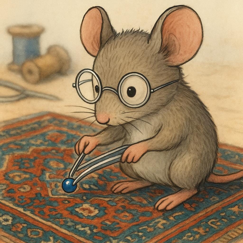 A cartoon mouse wearing spectacles meticulously using a tiny pair of tweezers to place a single blue bead onto a patterned surface.
