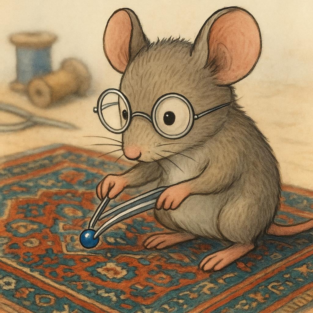 A cartoon mouse wearing spectacles meticulously using a tiny pair of tweezers to place a single blue bead onto a patterned surface.