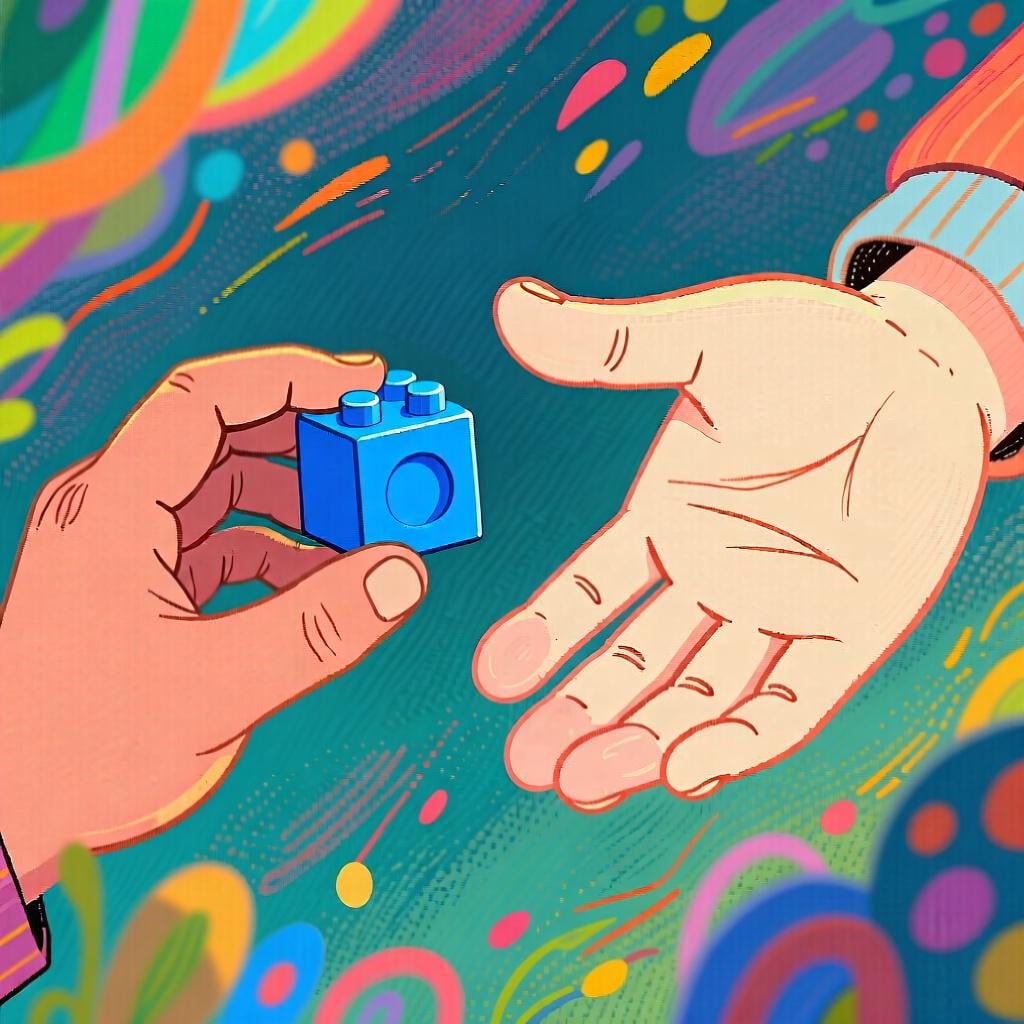 A close-up of two hands, where one hand is urgently reaching out to receive a small object held by the second hand, representing the command 'give'.