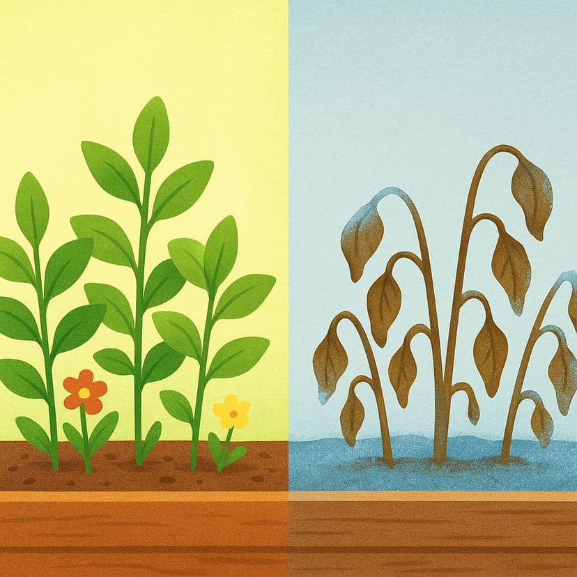 A garden bed where vibrant green plants transition sharply into wilted, brown, dead plants covered in a light layer of white frost, illustrating death caused by an element.