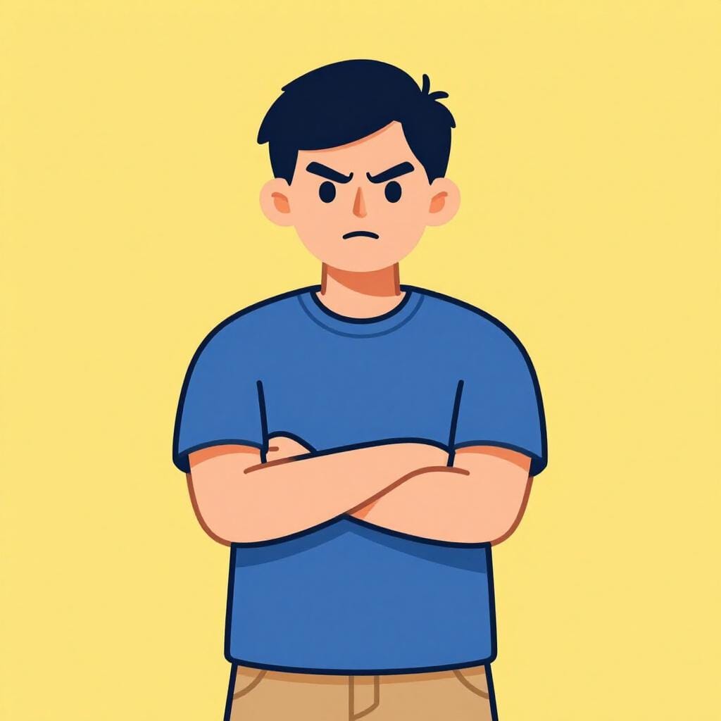 A person standing with their arms crossed looking firm and determined.