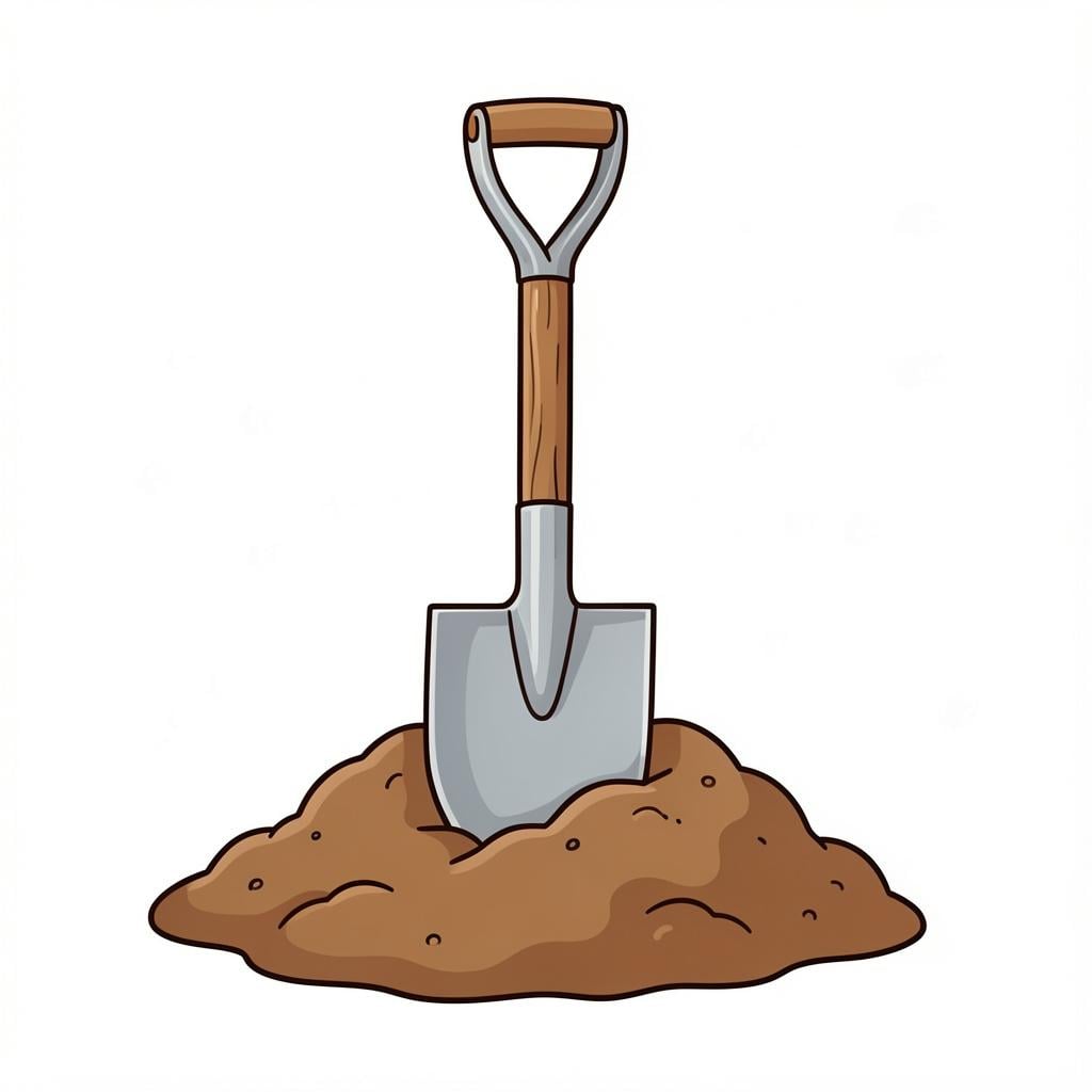 A metal shovel with a wooden handle stuck into a small pile of brown soil.