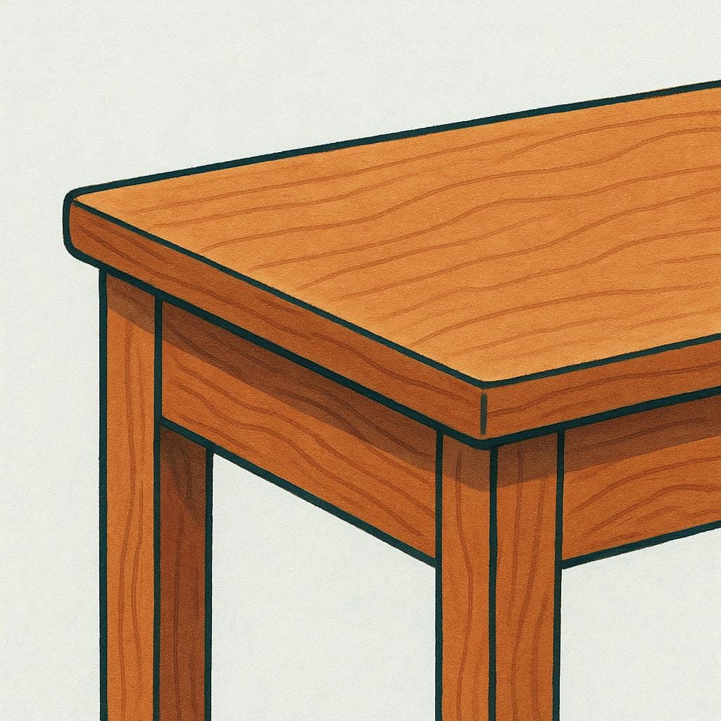 A high quality simple colorful storybook illustration focusing on the sharp, straight boundary edge of a rectangular wooden table.
