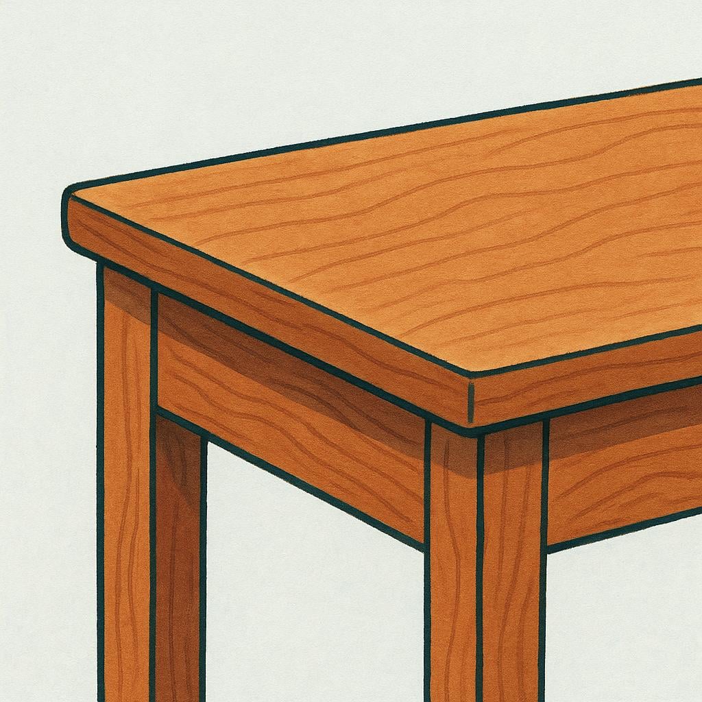 A high quality simple colorful storybook illustration focusing on the sharp, straight boundary edge of a rectangular wooden table.