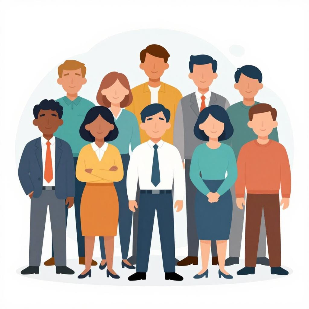 A diverse group of professional people standing together in a friendly line, wearing work clothes.