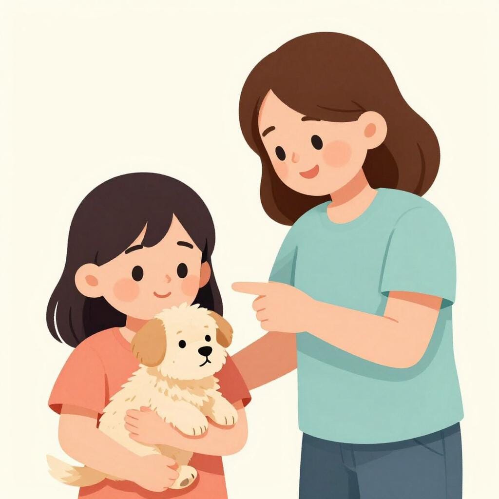 어른과 어린 소녀가 소녀가 안고 있는 작은 강아지를 애정 어리게 바라보고 있다. 어른은 강아지를 부드럽게 가리키며 이름을 지어주는 것을 상징한다.