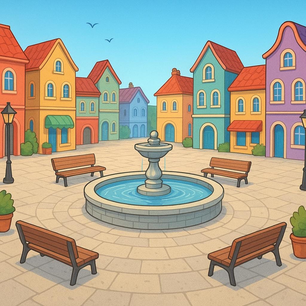 A vibrant, sunny illustration of a European-style town square (plaza) featuring a large central fountain and surrounding colorful historic buildings.