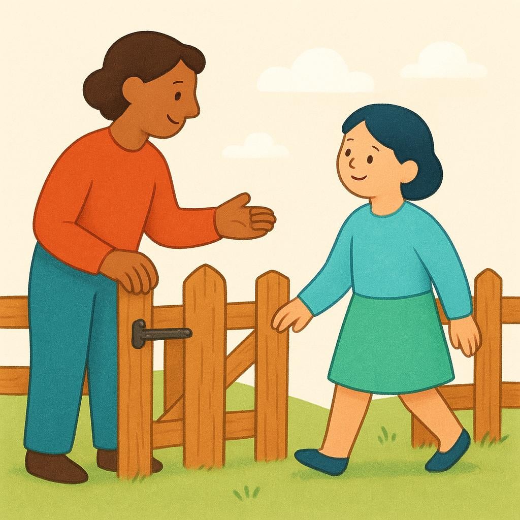 Two friendly figures standing near a small wooden gate. One figure holds the latch open, gesturing for the other to pass through, symbolizing allowance.