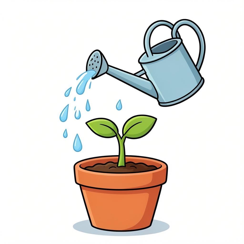 A small plant in a pot with a watering can pouring a single drop of water onto it.