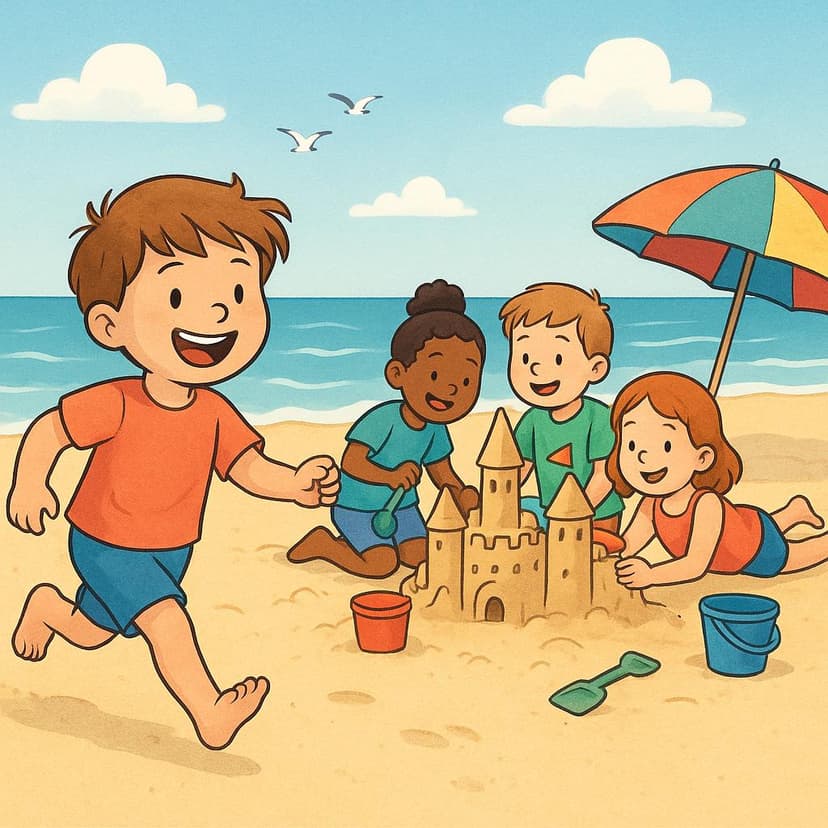 Eine farbenfrohe Illustration, die ein Kind zeigt, das sich einer Gruppe anderer Kinder anschließt, die gemeinsam auf dem Strand eine Sandburg bauen.