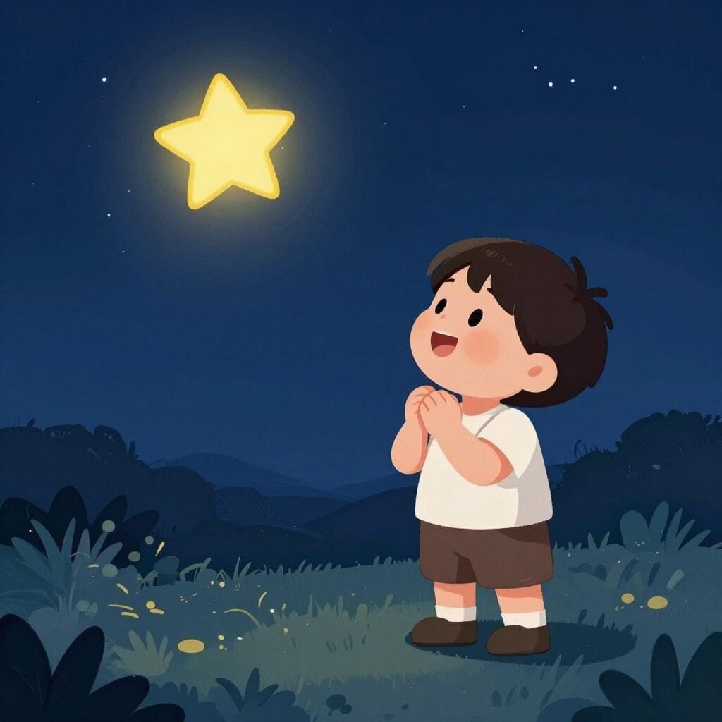 Un bambino che guarda il cielo con un'espressione speranzosa, in attesa di una stella cadente.
