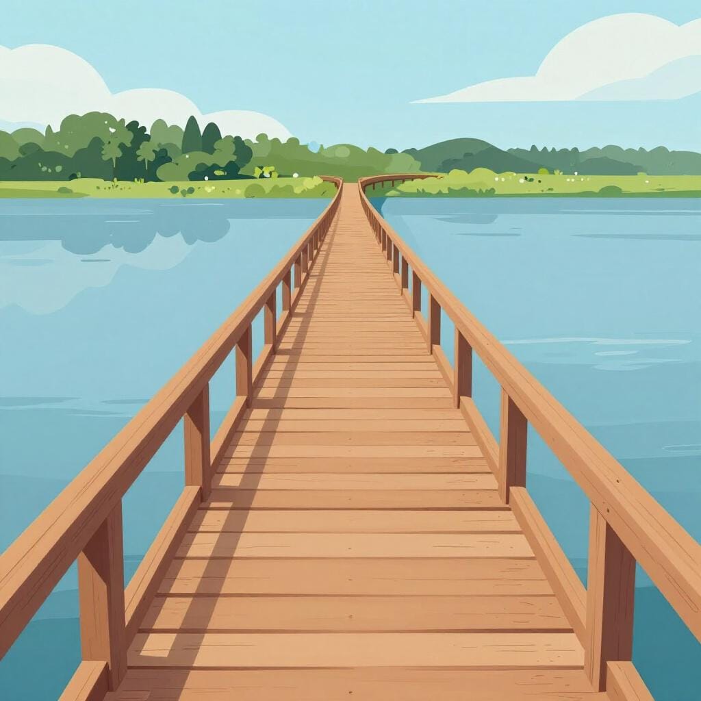 Un long pont en bois sinueux s'avançant sur une large rivière bleue vers une forêt lointaine.