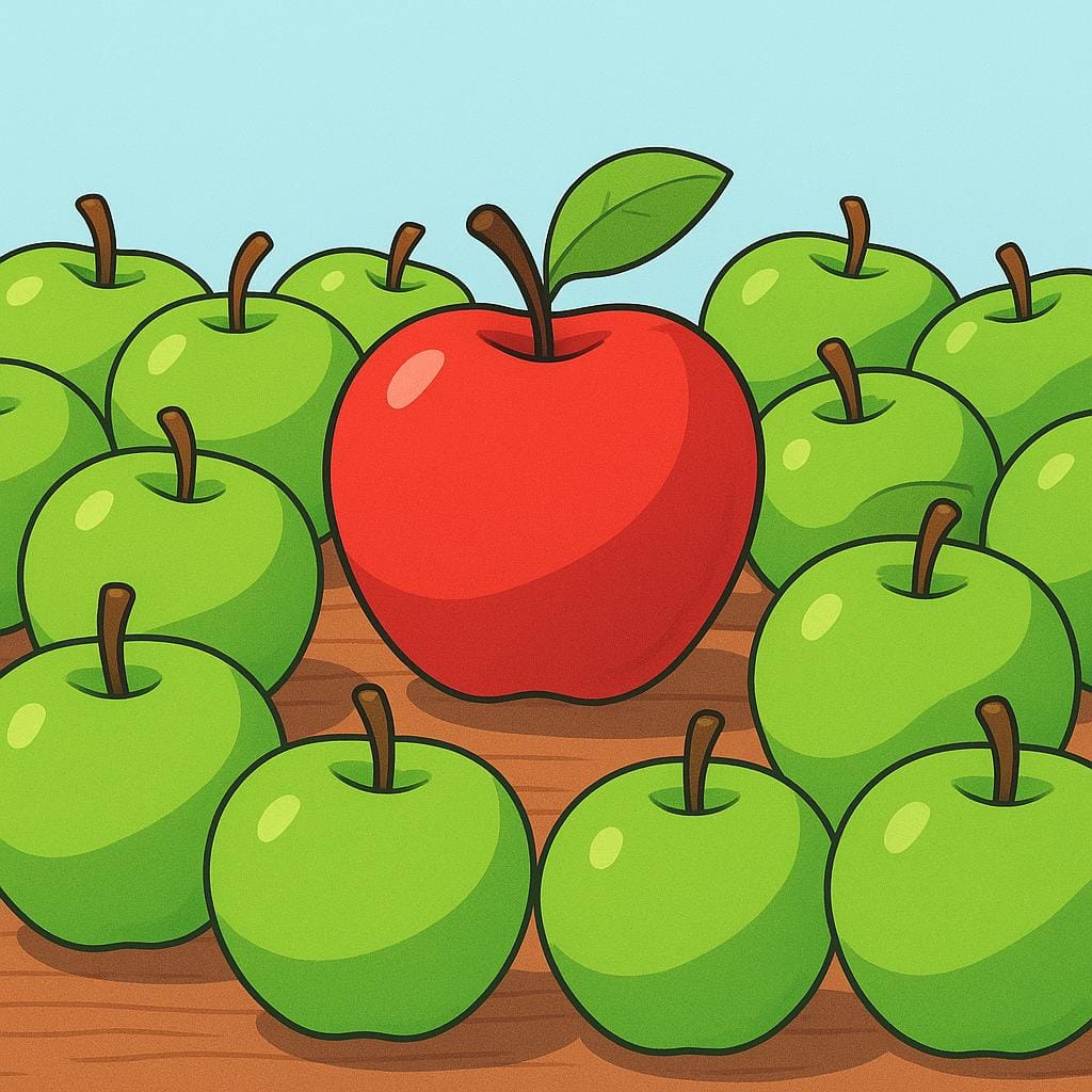 Una singola mela rossa brillante è posta in modo prominente al centro di un mucchio di mele verdi identiche, evidenziandone l'inclusione.