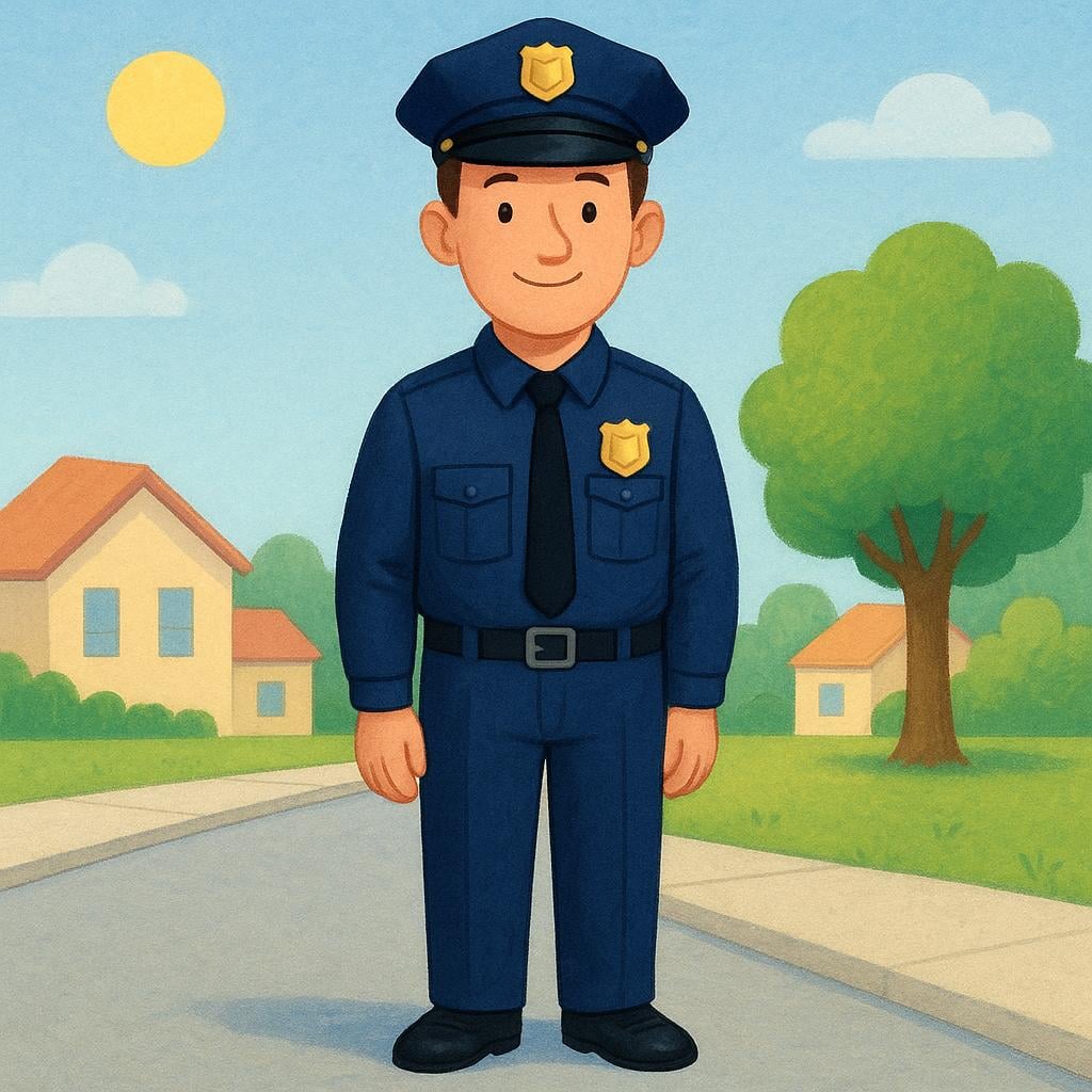 A friendly police officer in a navy blue uniform and cap standing on a simple street scene, representing a person in an official position of authority.