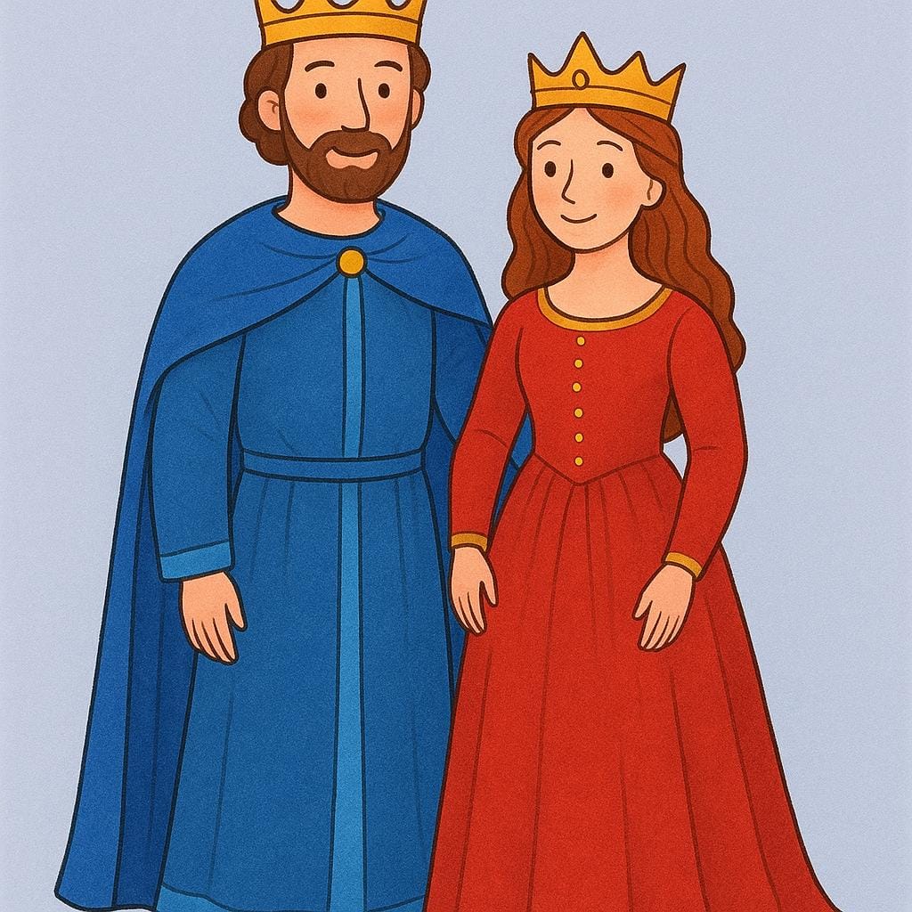 Een man en een vrouw staan samen, beiden met kronen en koninklijke kleding, wat een koning en koningin voorstelt.