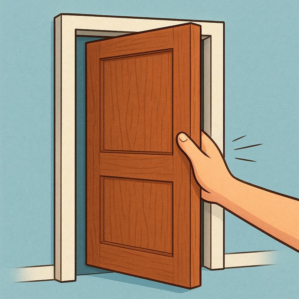 A cartoon hand pushing a simple wooden door shut, illustrating the action of closing.
