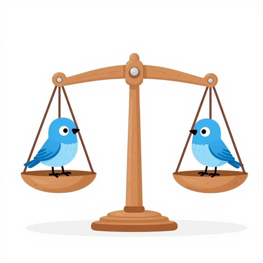 Two identical blue birds sitting on opposite sides of a balanced wooden scale.