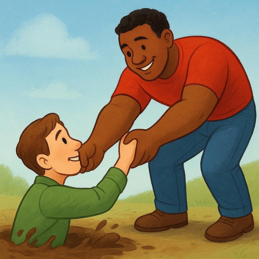 A brightly colored illustration depicting one figure pulling another figure to safety out of a small, muddy pit. Both figures are smiling.