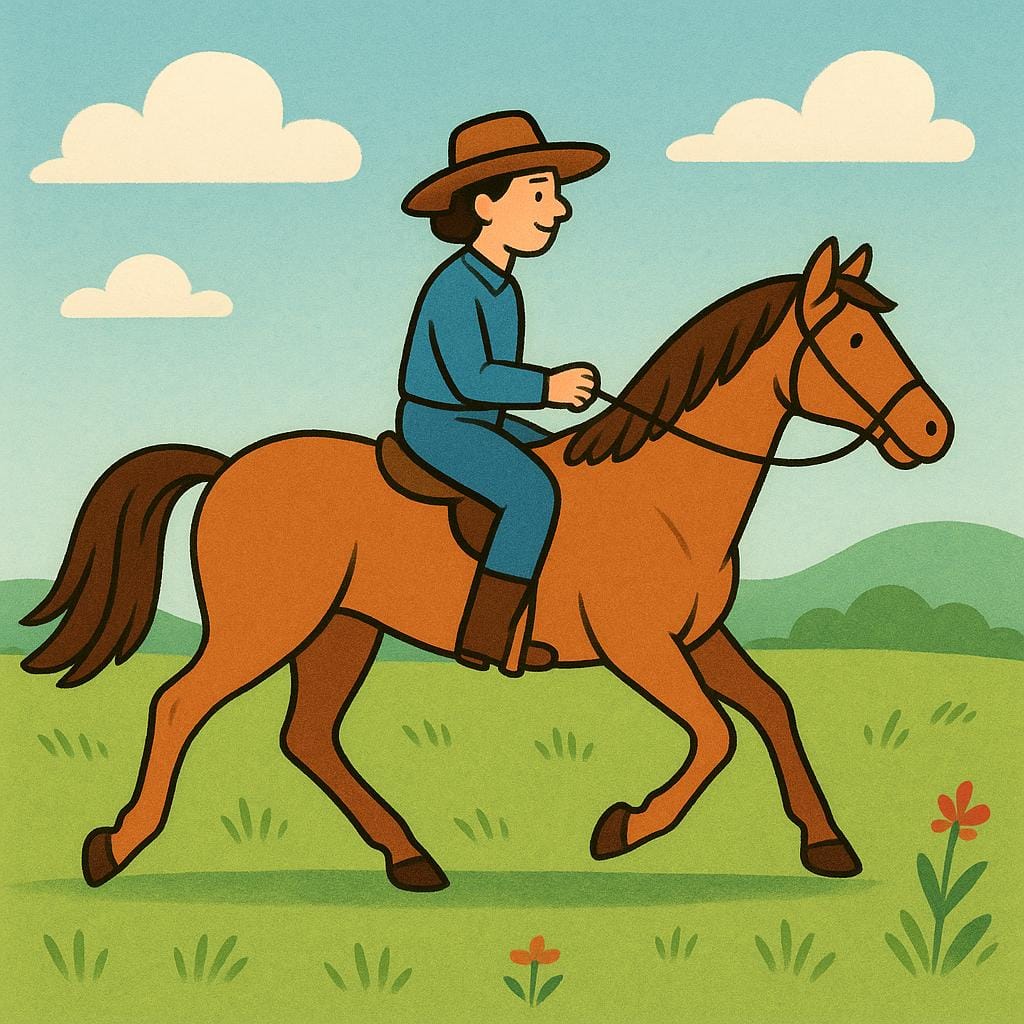 A silhouette of a person wearing a wide-brimmed cowboy hat and riding a horse against a sunset background.