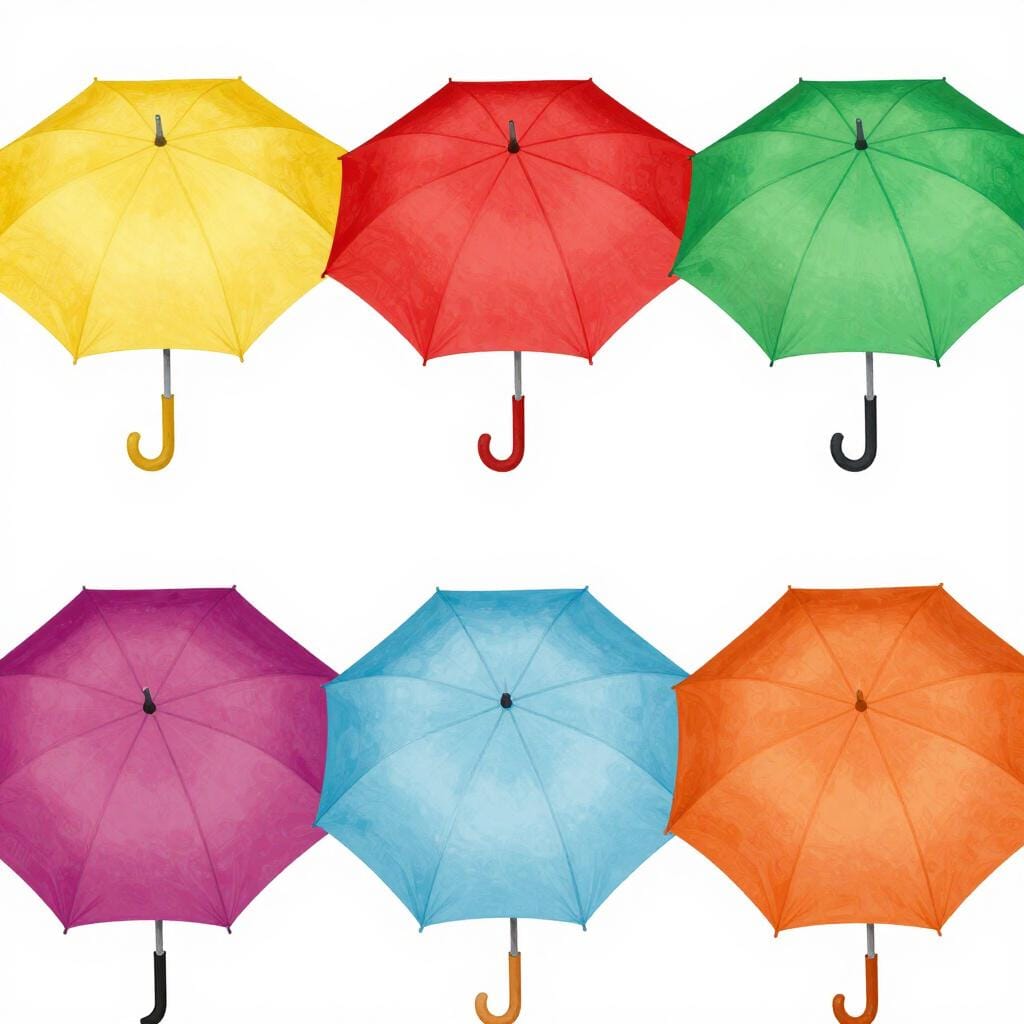 Eine Reihe verschiedener bunter Regenschirme in verschiedenen Stilen und Mustern.